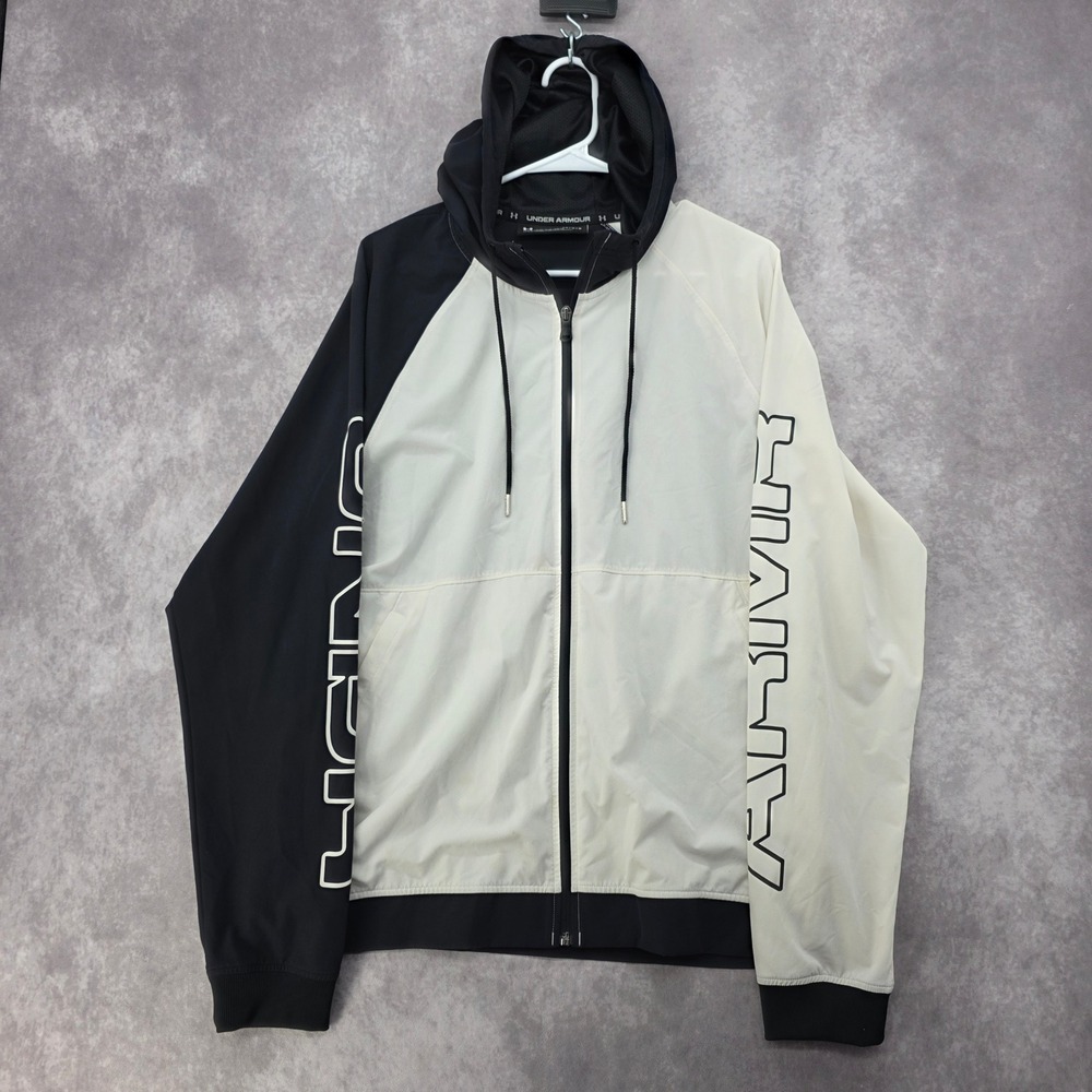 Under Armour Mens Large Windbreaker Jacket Black White Colorblock Full Zip Hood